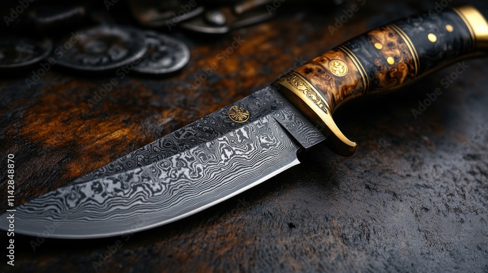 Poster a sharp knife with a wooden handle sits on a table, ready for use