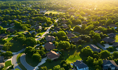 Aerial view of a suburban neighborhood surrounded by lush greenery at sunset.