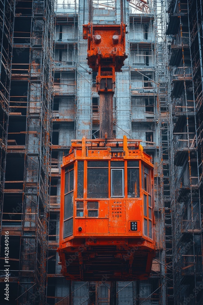 Poster A construction site image featuring an orange crane in front of a building with scaffolding