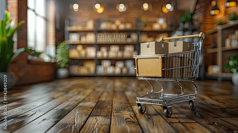 Poster a shopping cart filled with boxes in a rustic store setting.