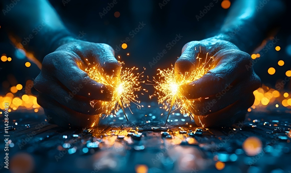 Poster Hands Creating Sparks with Energy and Light in Dark Environment