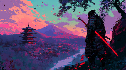 A vibrant image in purple and pink tones featuring a samurai silhouette with a glowing red katana, set against nature and traditional Japanese architecture, blending trees and mountains.