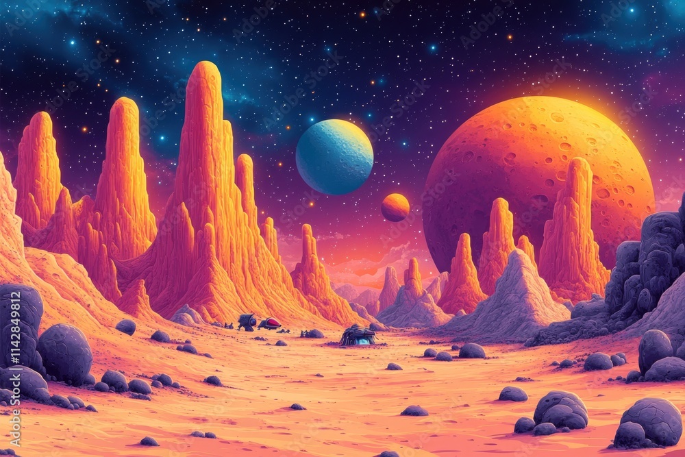 Poster a picture of a desert landscape with rocks and planets in the background