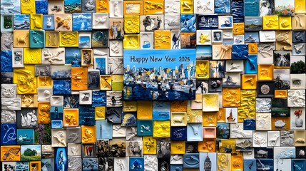 Fototapeta premium Colorful Art Collage Celebrating New Year 2025 with Diverse Objects