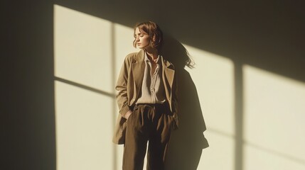 Contemporary minimal fashion scene refined model soft dramatic lighting cinematic ambiance artistic shadows smooth textures luxury style sophisticated atmosphere modern outfit clean aesthetic elegant