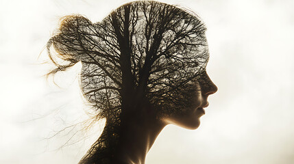 Woman's Mind: A captivating double exposure portrait of a woman with a tree growing inside her head, symbolizing the interconnectedness of nature and human consciousness.