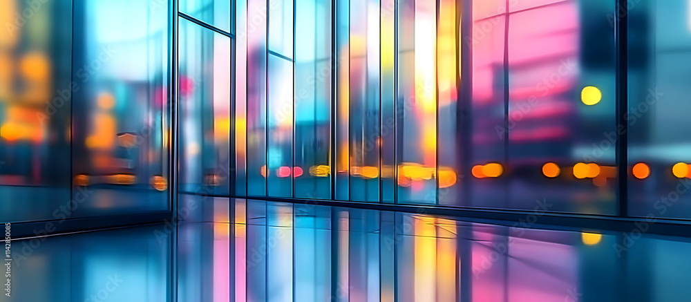 Poster abstract urban scene with glass structures reflecting colorful lights, creating a modern and futuris