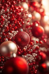 Elegant red and white Christmas ornaments on festive background