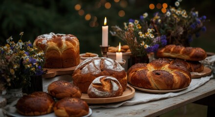 Assorted freshly baked breads on rustic wooden table with candles and flower arrangement