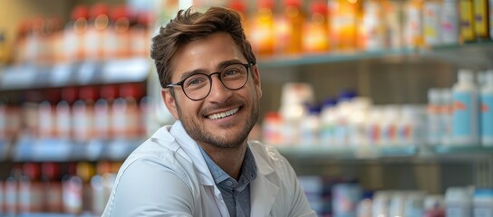 Obraz premium A smiling pharmacist in a lab coat, surrounded by shelves of medicine and health products.
