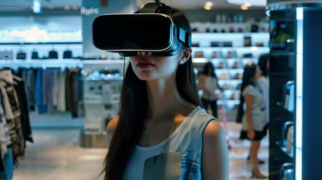 Stylish shopper using virtual reality to browse digital collections in a futuristic fashion store