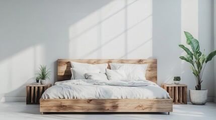 a chic modern bedroom with a cozy wooden double bed and plush pillows, featuring a blank white wall ideal for mockups, creating an inviting and minimalist atmosphere