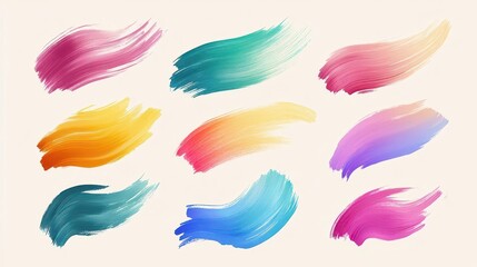 a collection of vibrant, abstract brushstroke gradients isolated on a clean background, serving as decorative elements or banners, showcasing a spectrum of bright colors and fluid movement