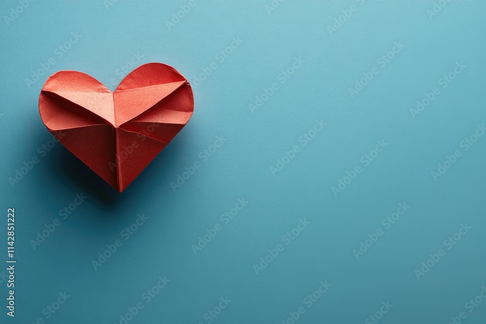 Poster a simple and bold design featuring a red paper heart on a blue background, suitable for various appl