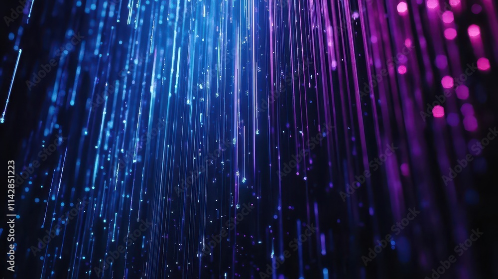 Poster a dark background illuminated by vertical lines of blue and purple light, interspersed with digital 