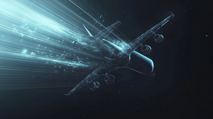 Obraz premium A plane silhouette in thin lines, symbolizing speed with trailing marks. The black background highlights dynamics, focusing on logistics, cargo transport, and long-distance air travel.