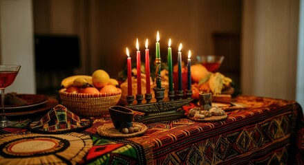 Colorful Kwanzaa table setting with candles, fruits, and traditional decorations
