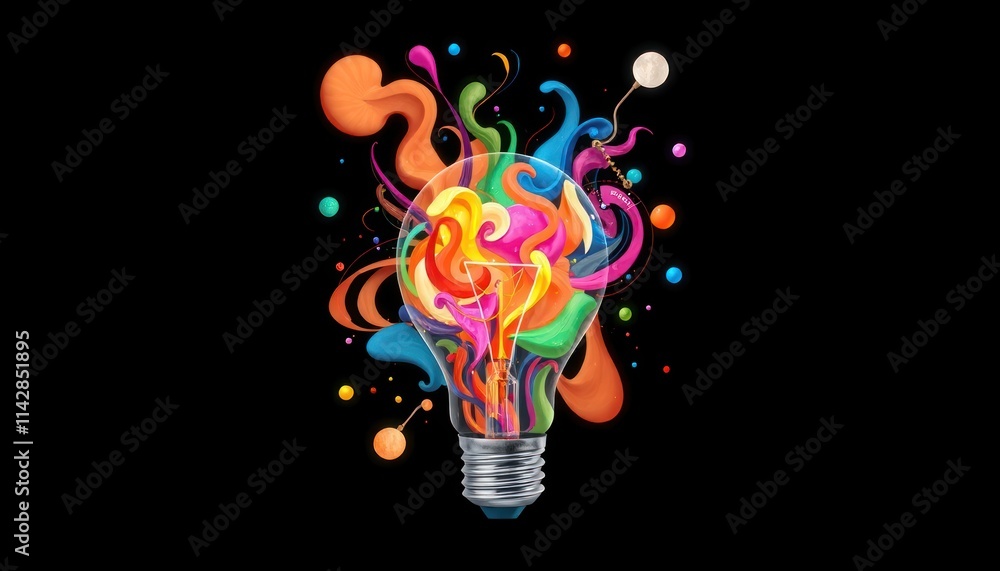 Poster colorful abstract shapes fill lightbulb. digital rendering shows complex idea. vibrant colors repres