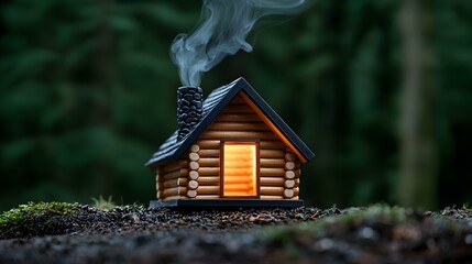 Cozy Log Cabin with Smoke Rising Against a Forest Background