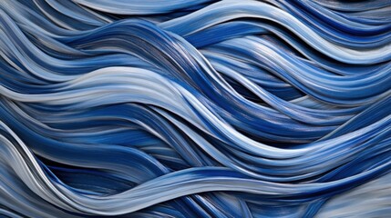 Intricately flowing ribbons of deep blue, indigo, and shimmering silver twist and weave into a mesmerizing abstract composition, resembling liquid motion, endless curves, and celestial threads