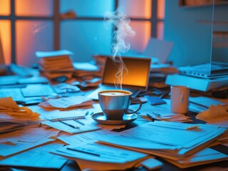 Steaming coffee cup sits amid chaotic paperwork in a cozy, dimly lit workspace during late evening hours