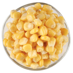 Glass cup with canned corn isolated on a white background.Canned corn kernels.