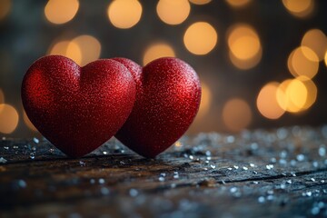 Fototapeta premium Two red hearts placed on a wooden table, perfect for romantic or love-themed projects