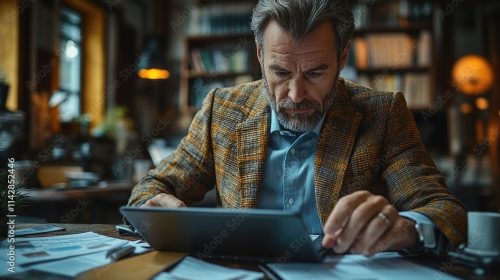 Aufkleber A person sitting at a table using a tablet computer for work or personal use