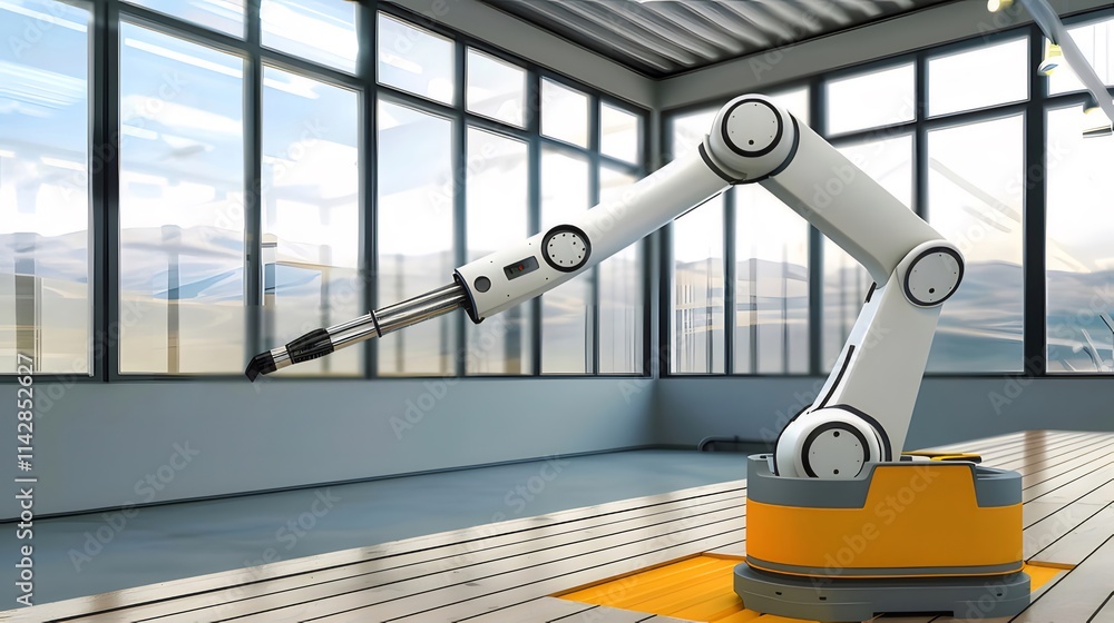 Poster robotic arm in modern factory with large windows.
