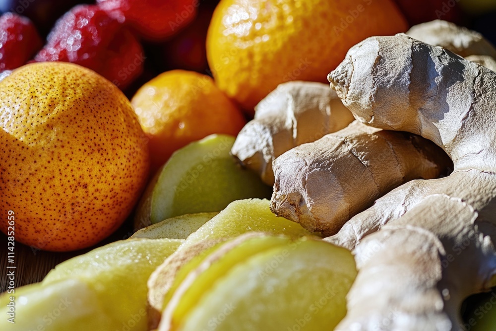 Poster a selection of fresh fruits arranged on a table for display or consumption