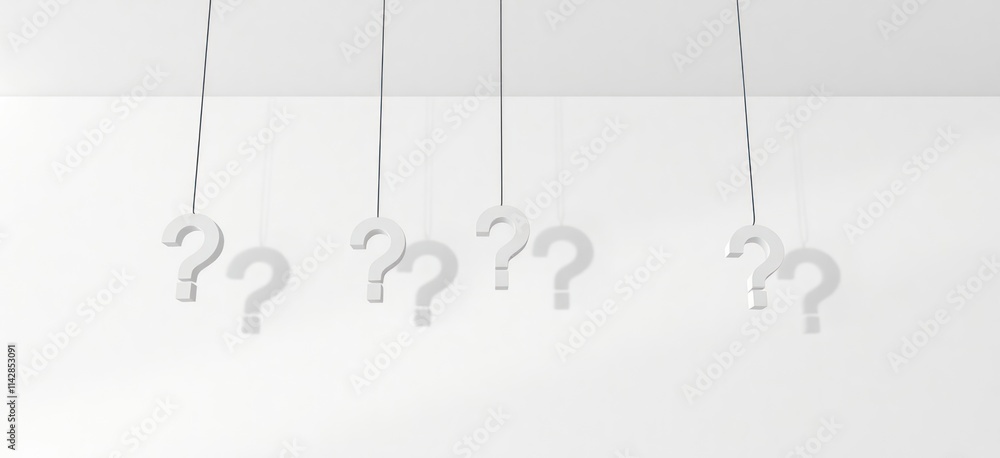 Poster three-dimensional question marks hang from ceiling on thin cords. white symbols cast shadows on whit