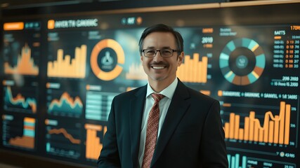 Fototapeta premium Businessman Success with Data Analytics Display
