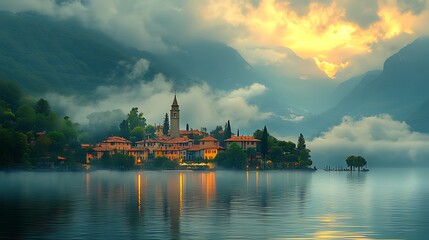 Naklejka premium Sunrise over a misty lake island town with mountains.