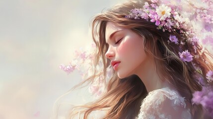 Fototapeta premium graceful young woman, her long wavy hair adorned with delicate wildflowers, exudes natural beauty and serenity in soft pastel hues