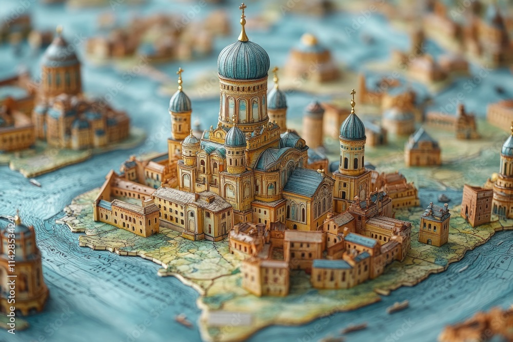 Poster a detailed view of a city model with buildings and architecture