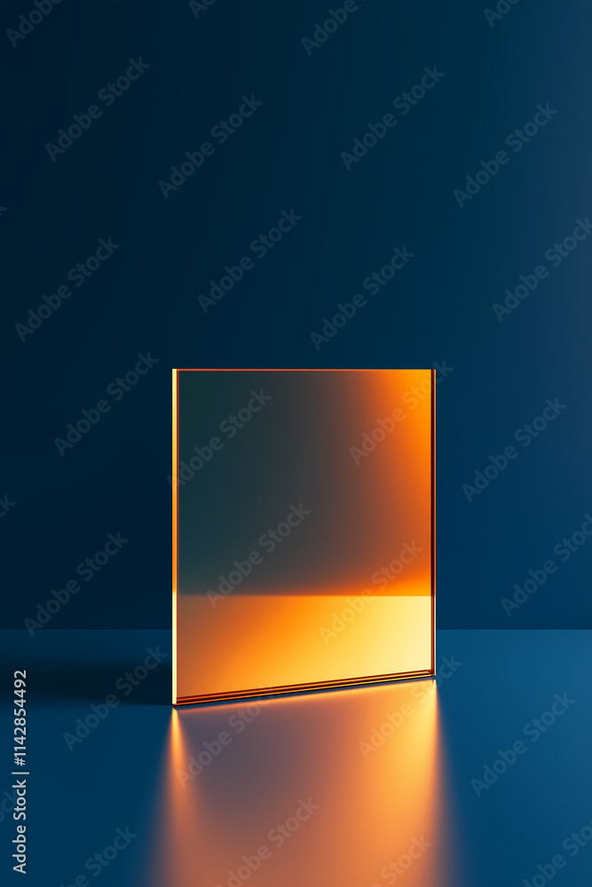 Poster modern golden cube rests on blue platform casting angular shadow, minimalism reflects simplicity. st