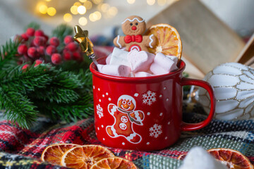 New Year 2025, tea with orange, coffee with marshmallows, books and fir branches, New Year's toys...