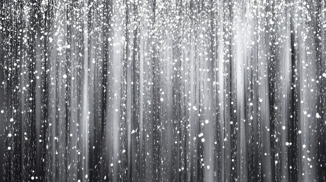 Luxurious silver curtain backdrop with glittering rain-like effects, perfect for new year or christmas celebrations, with ample copy space for festive messages or designs. Resplendent. Illustration