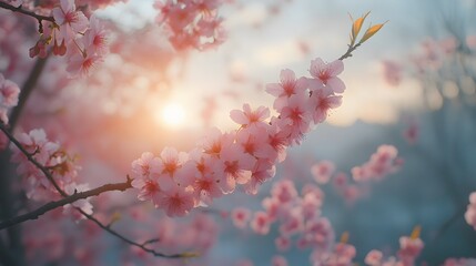 Beautiful cherry blossom branch with delicate pink flower framing a serene lake under a colorful sunrise