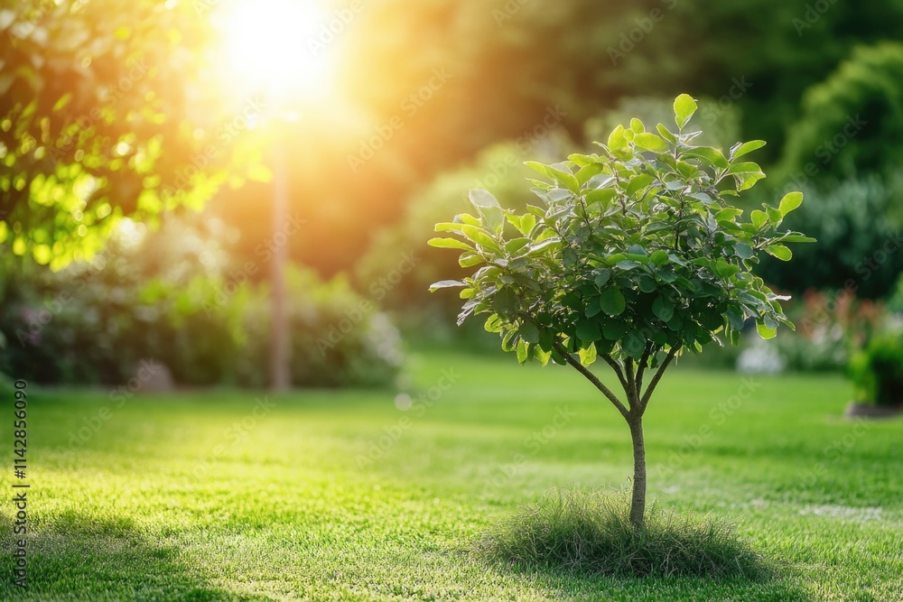 Poster a small tree stands alone in the middle of a lush green grassy field