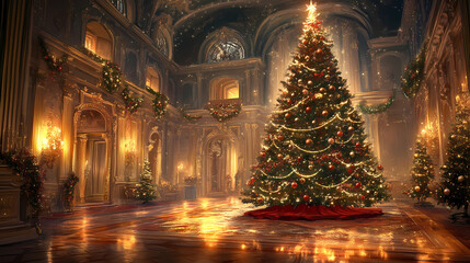 Majestic christmas tree adorned with sparkling ornaments stands resplendent in the grand hall of a lavish palace. Resplendent. Illustration