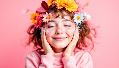 A cheerful woman wearing a flower crown in her hair, smiling radiantly against a soft background, embodying a sense of joy and connection with nature, perfect for spring themes.