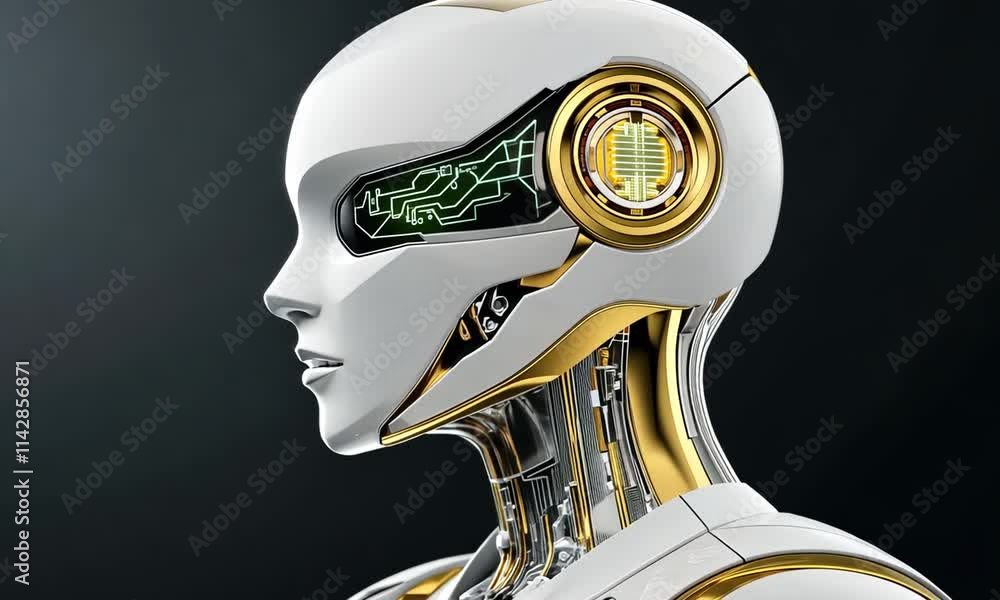 Poster a close-up view of a sophisticated robotic figure highlights modern engineering and intricate detail