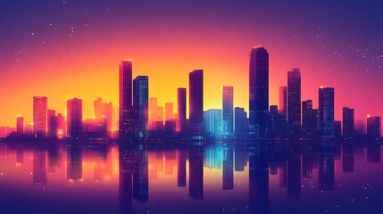 Obraz premium Colorful city skyline glowing under twilight, with illuminated building reflecting on calm water in a picturesque urban scene