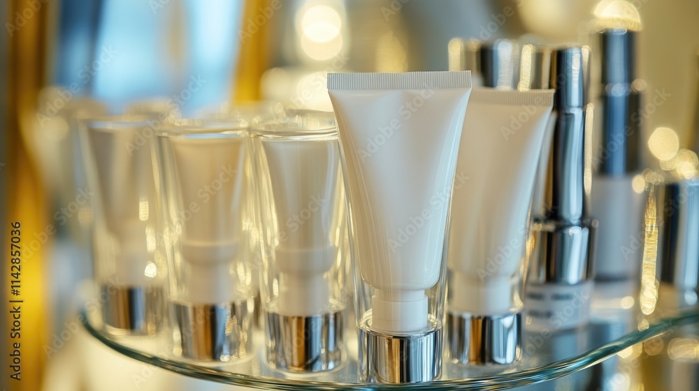 Poster assorted skin care products arranged on a glass shelf for display and use