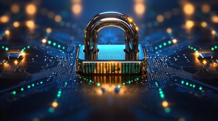 A modern padlock symbolizing cybersecurity placed on a digital circuit board with glowing lights.