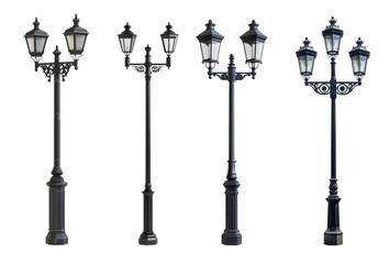Black street lamp set with two lamps, vintage style, isolated on white or transparent background, 3D rendered cutout PNG