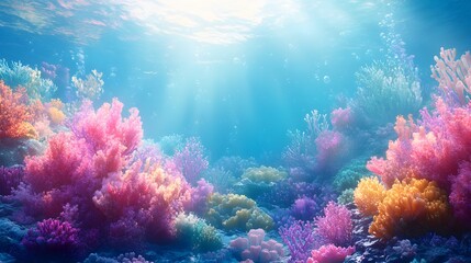 Naklejka premium Colorful coral reef glowing under clear water with vibrant marine life and sun ray filtering through the ocean surface in a tropical seascape