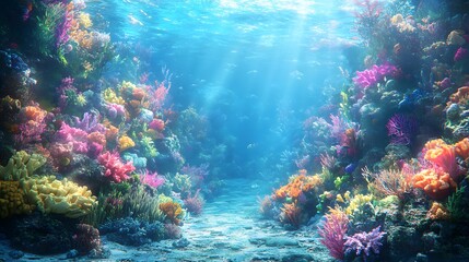 Fototapeta premium Colorful coral reef glowing under clear water with vibrant marine life and sun ray filtering through the ocean surface in a tropical seascape