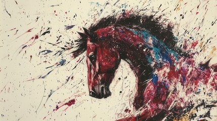 hand-drawn abstract illustration of a horse, created with paint splatters and brush strokes, blending modern art with a sense of movement and wildness in its form